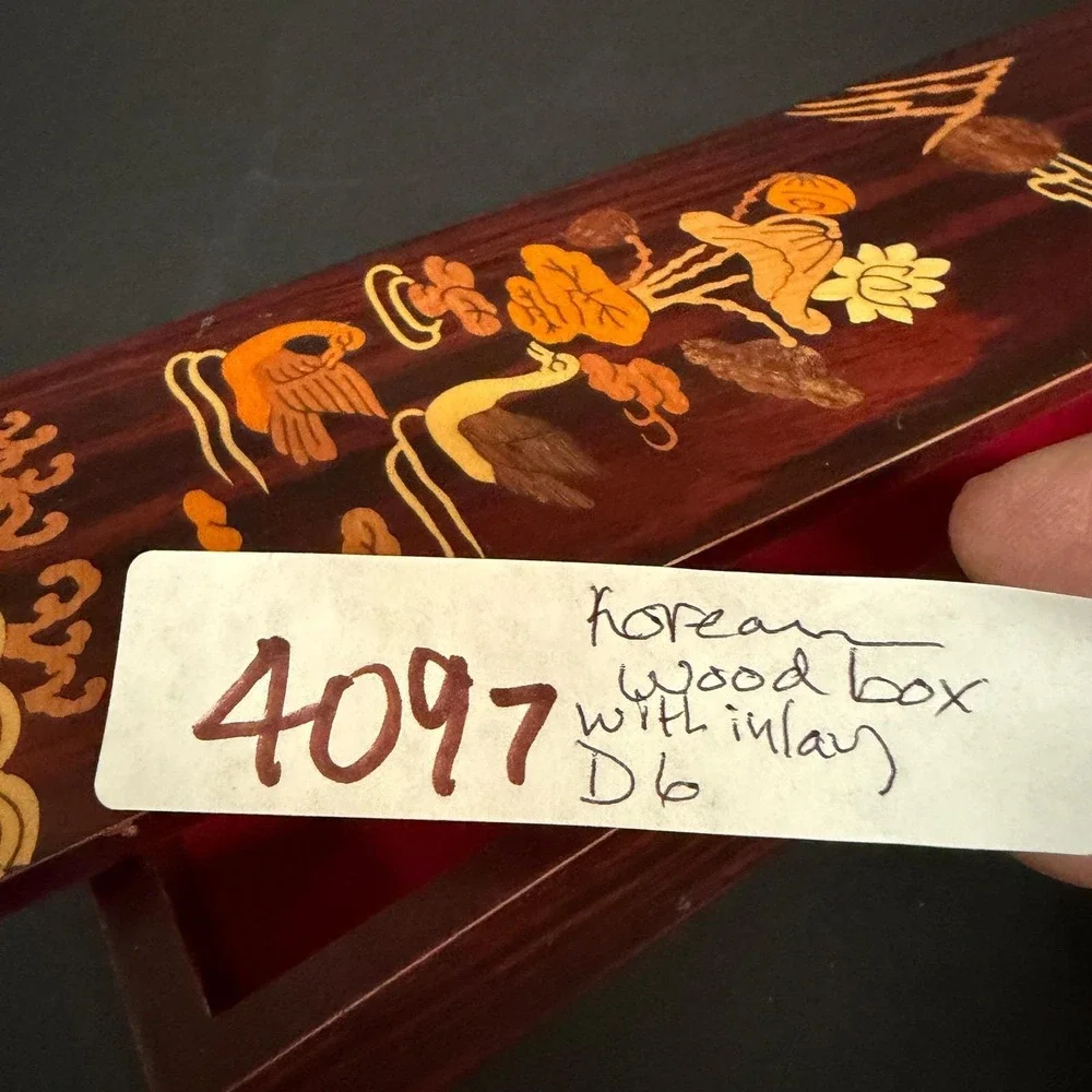 Vintage Korean Inlay Wood Box KICAC‎ Duck/Crane Marquetry Red Velvet RARE